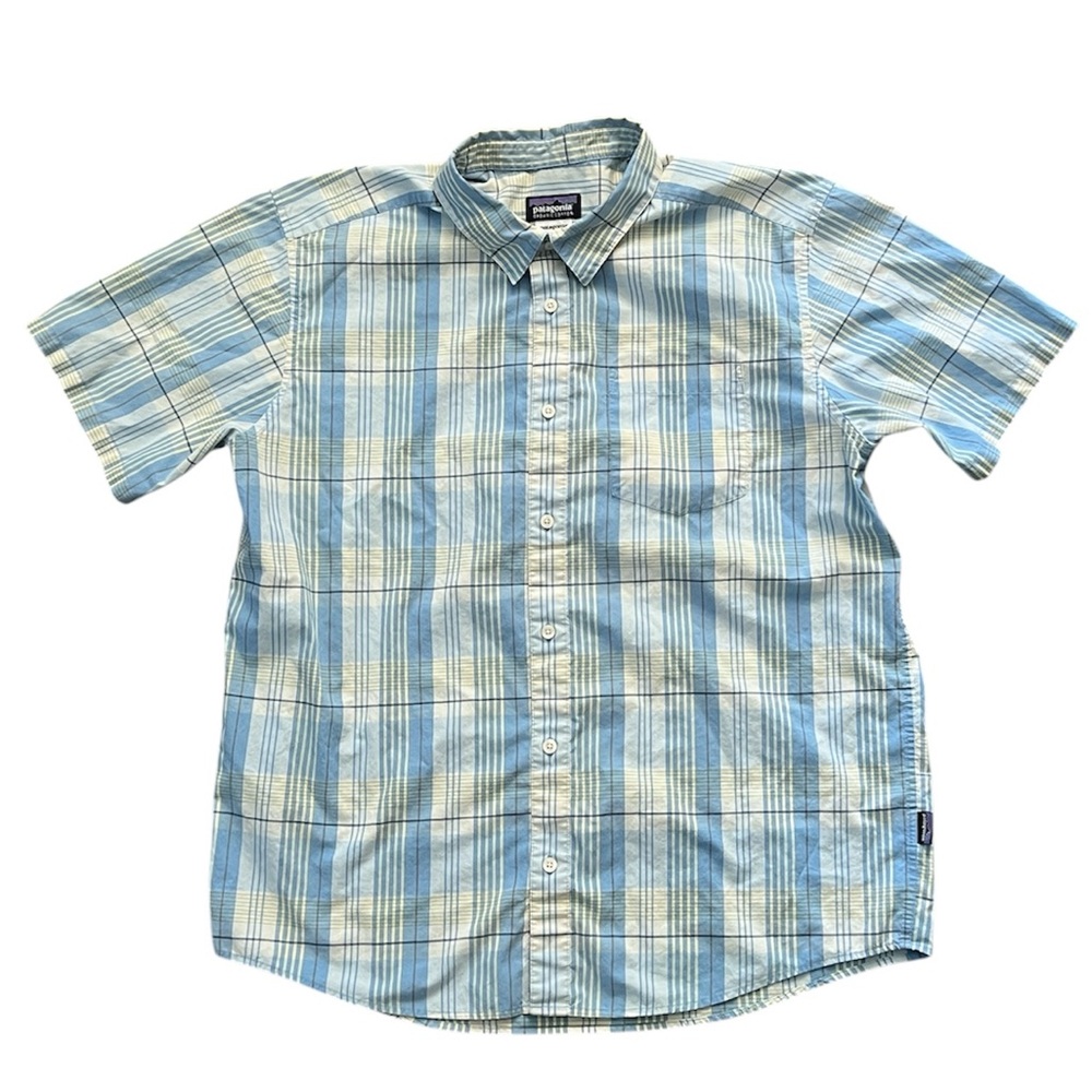 Patagonia Fezzman Shirt Short Sleeve Organic Plaid Blue Yellow White Men’s Large